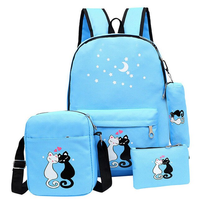 4pcs/set Girl's Cat's in Love canvas Backpack ,Rucksack ,and Book Bag – The  Purrfect Cat Shop