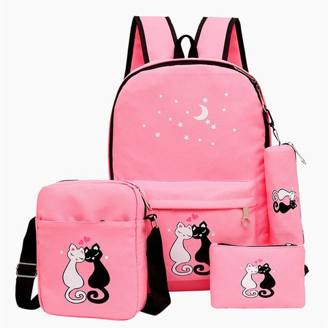 Fanci 4pcs Cute Cat Prints Canvas Primary School Bag Rucksack Backpack Set for Girls Elementary Bookbag