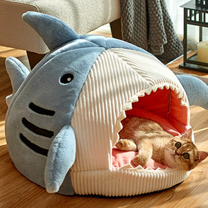 "Cozy & Playful Shark Cat Bed | 100% Cotton & Machine Washable | Available in 3 Sizes for Stress-Free Rest & Better Sleep Patterns"