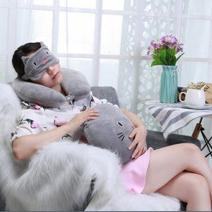 Grey Cat Travel Neck Pillow and Night Mask