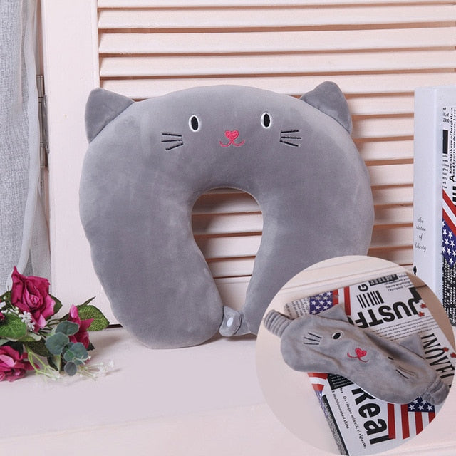 Grey Cat Travel Neck Pillow and Night Mask