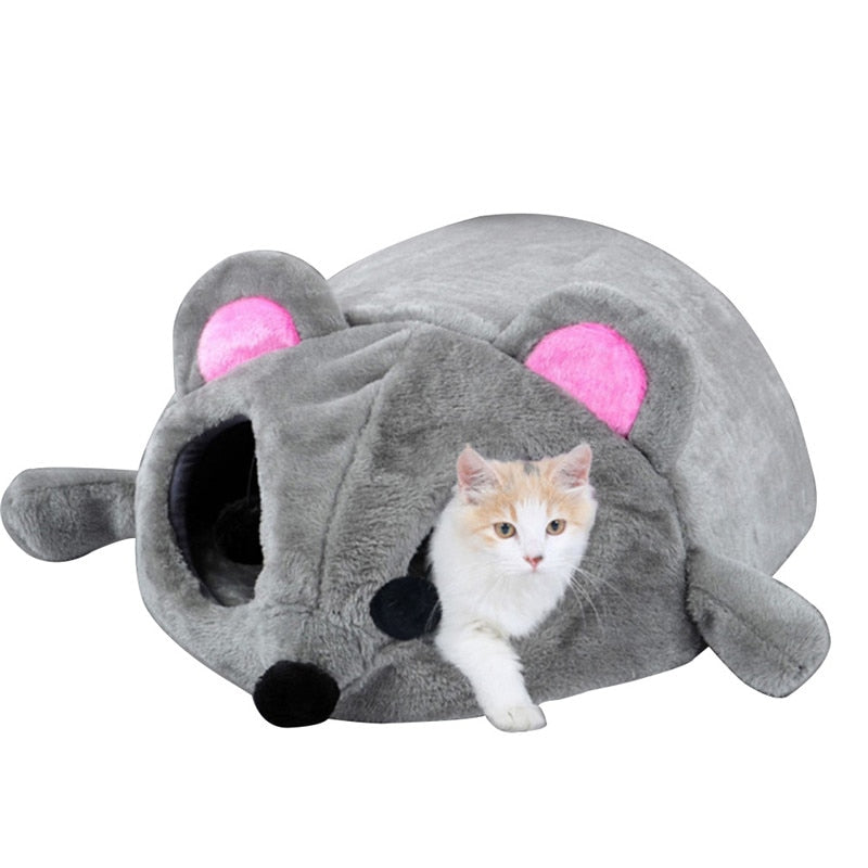 Grey fleece mouse cat bed and house.
