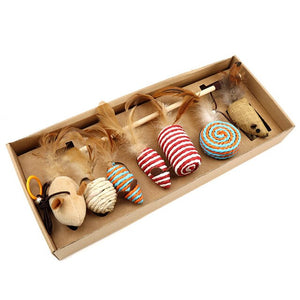 Assorted color 7 piece boxed mouse cat toys.