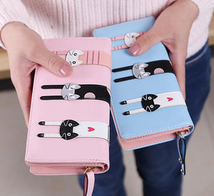 Mobile phone cat three cat wallet. Pick your choice of colors from pink, black, baby blue, and navy.