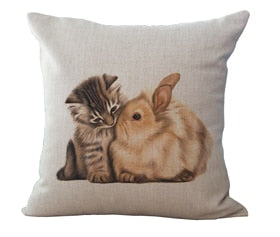 18 inch Square Linen Cotton Cat Printed Throw Pillow